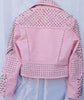 Women Pink Studded Leather Rock Steam Punk Style Biker Jacket, Women Silver Studs Spiked Pink Jacket